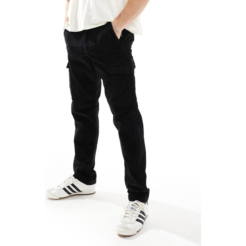 Jack & Jones loose fit cord cargo trouser in black