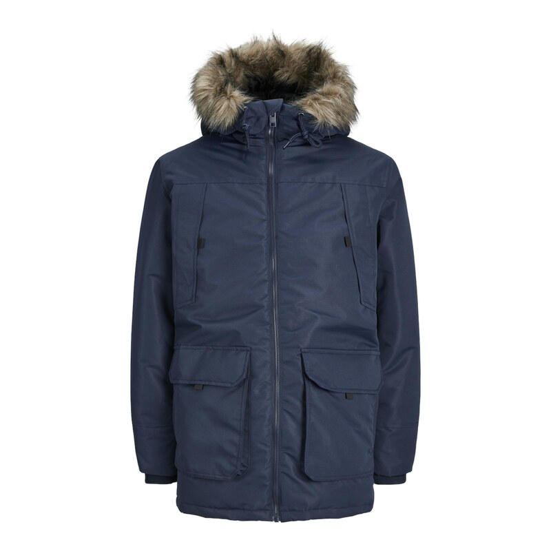 JACK & JONES Zimní parka JJEConstruct tmavě modrá / světle hnědá