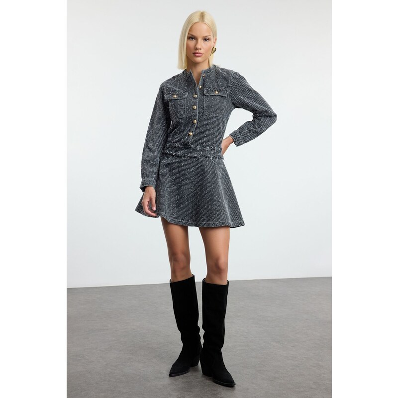 Trendyol Gray Textured Flounce Skirt Mini Denim Dress