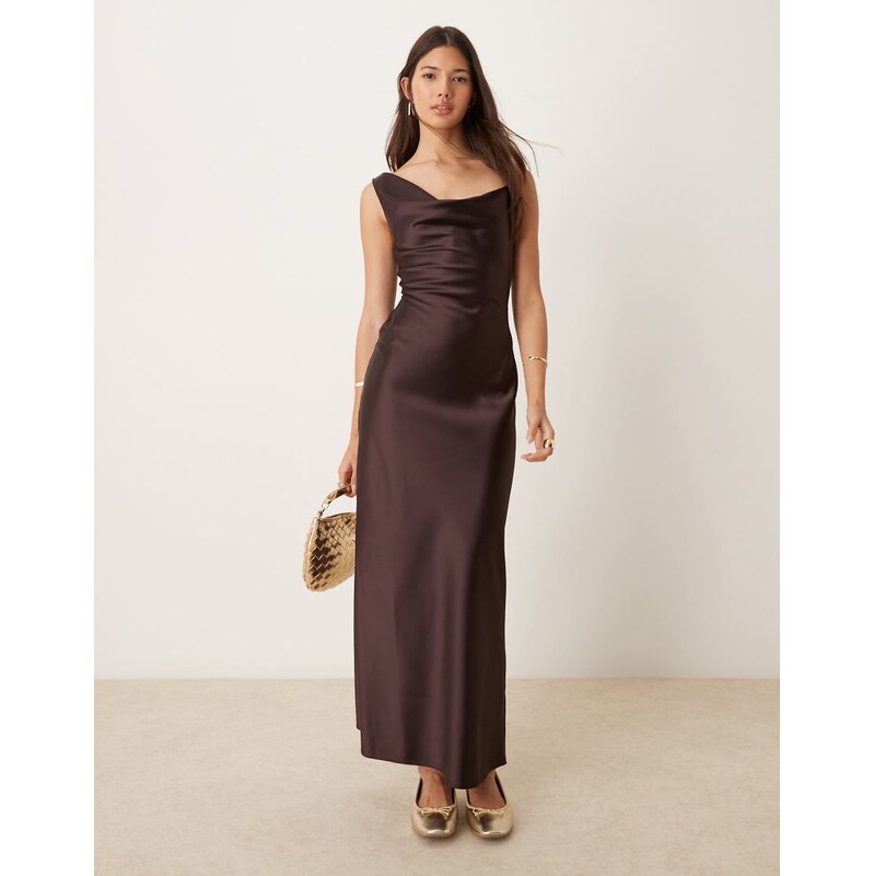Miss Selfridge cowl neck satin midi slip dress-Brown