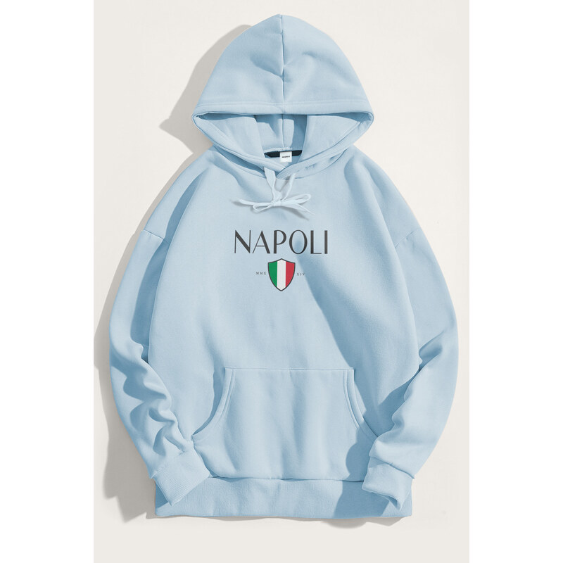 Mikina s Kapucí, Barva Nebesky Modrá , s Potiskem Napoli