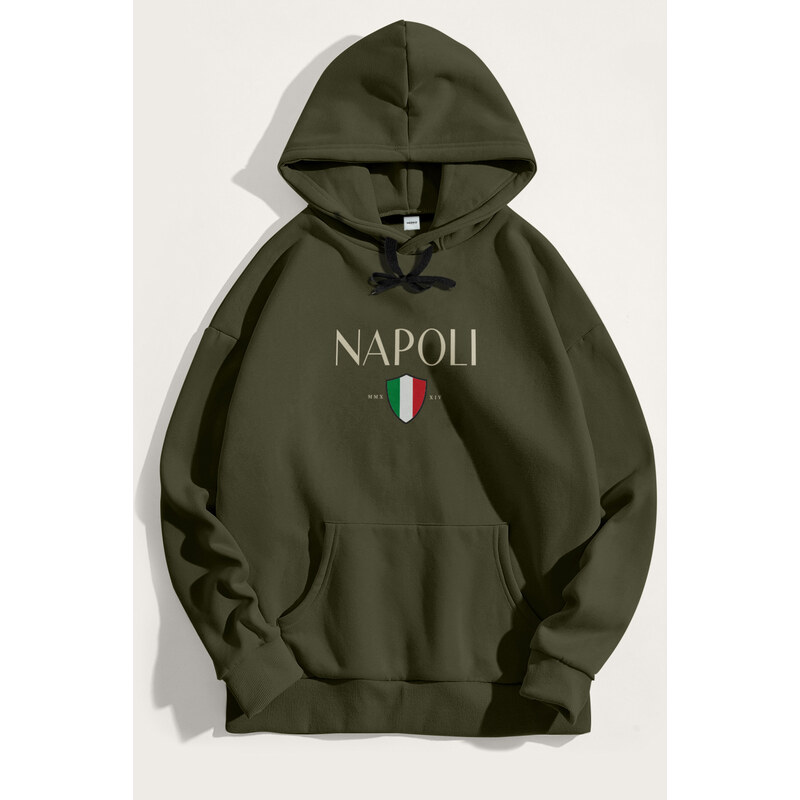 Mikina s Kapucí, Barva Khaki, s Potiskem Napoli