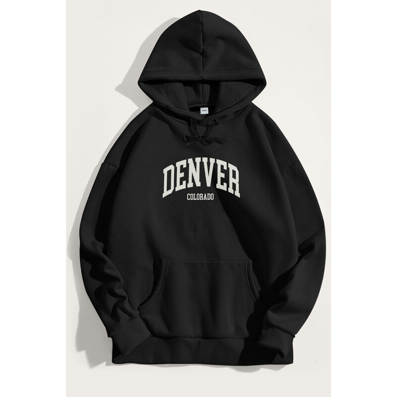 Mikina s Kapucí, Barva Černá, s Potiskem Denver Colorado