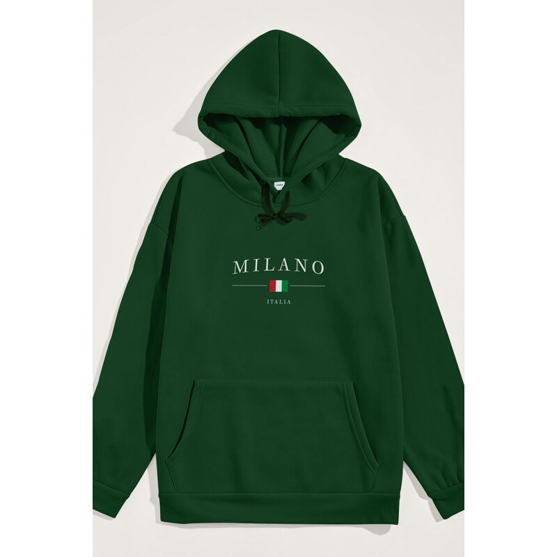 Mikina s Kapucí, Barva Zelená, s Potiskem Milano Italia