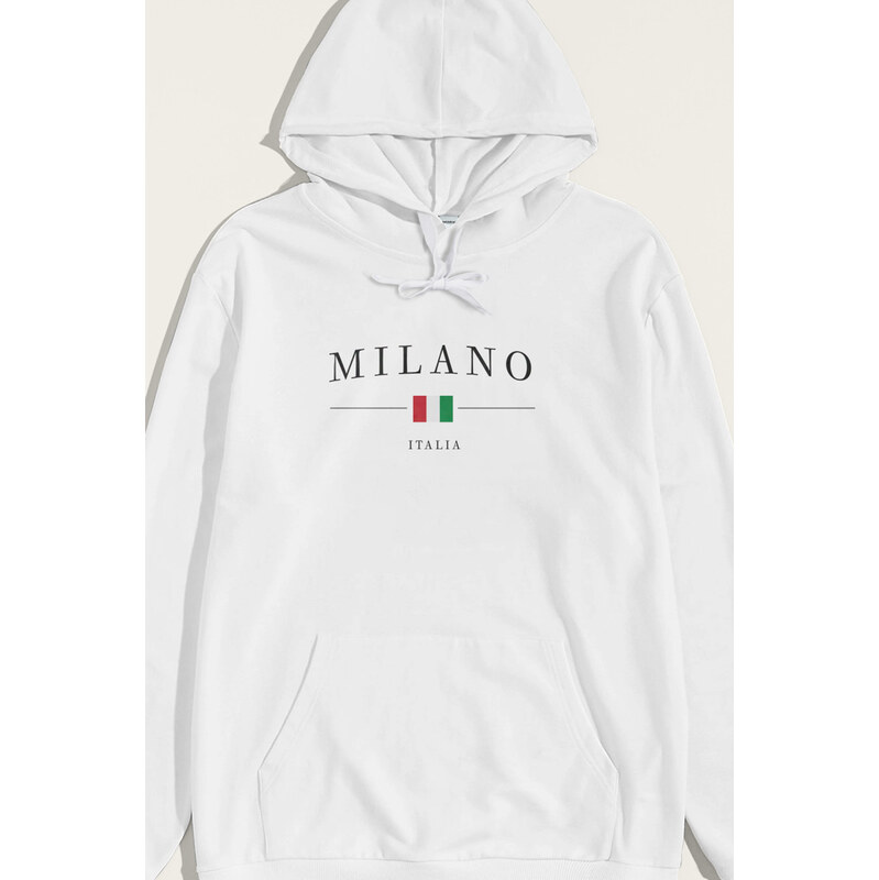 Mikina s Kapucí, Barva Bílá, s Potiskem Milano Italia