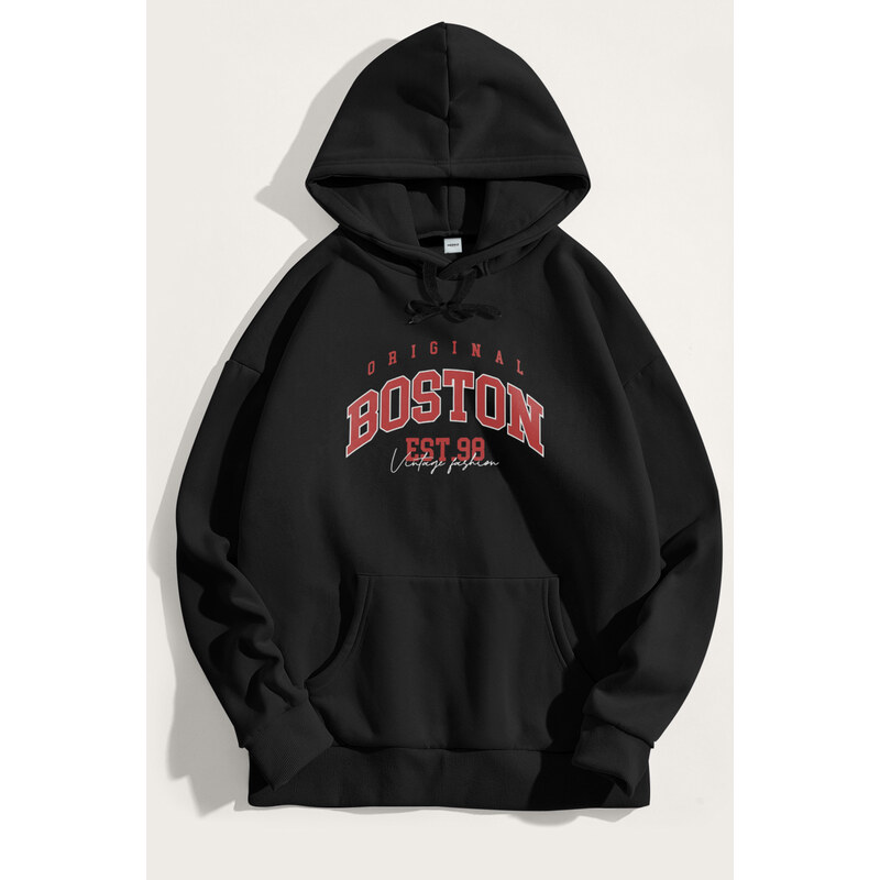 Mikina s Kapucí, Barva Černá, s Potiskem Boston Original