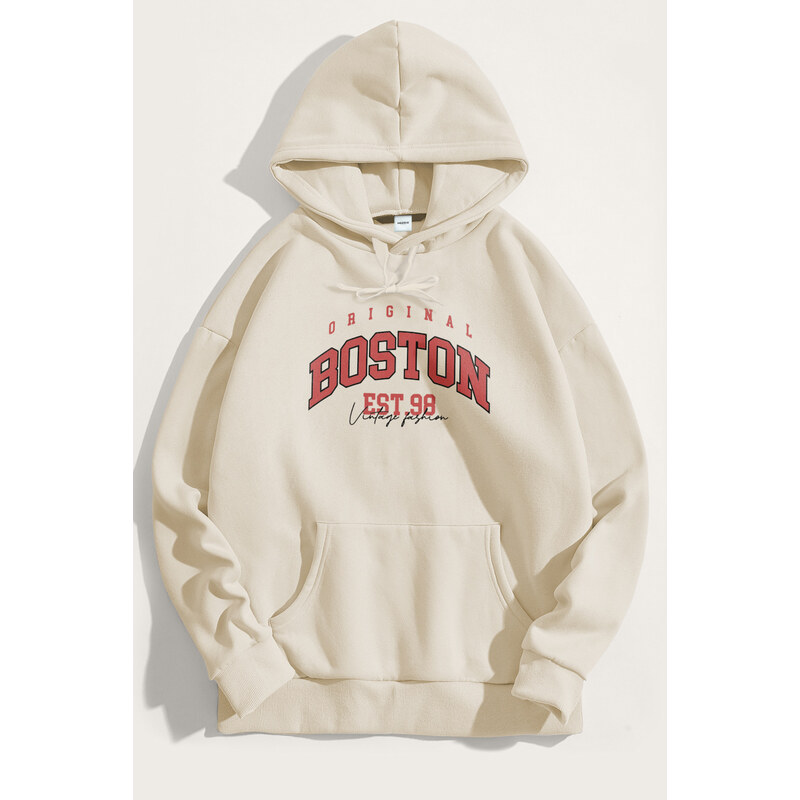 Mikina s Kapucí, Barva Ekru, s Potiskem Boston Original