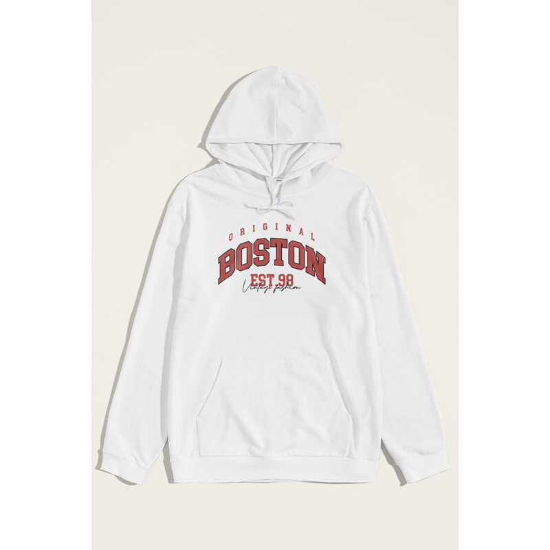 Mikina s Kapucí, Barva Bílá, s Potiskem Boston Original
