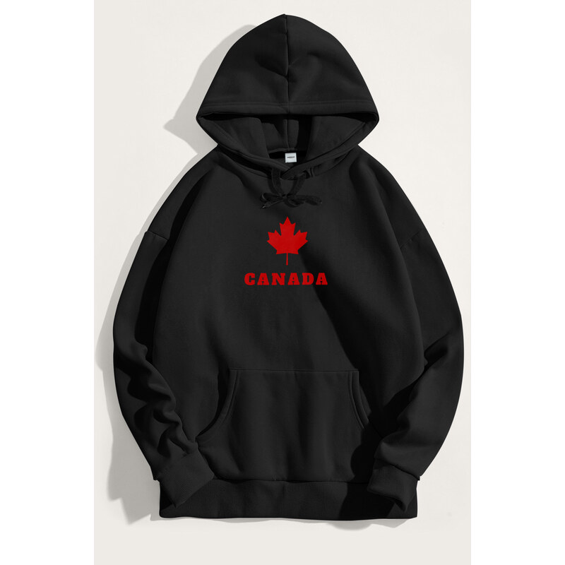 Mikina s Kapucí, Barva Černá, s Potiskem Canada