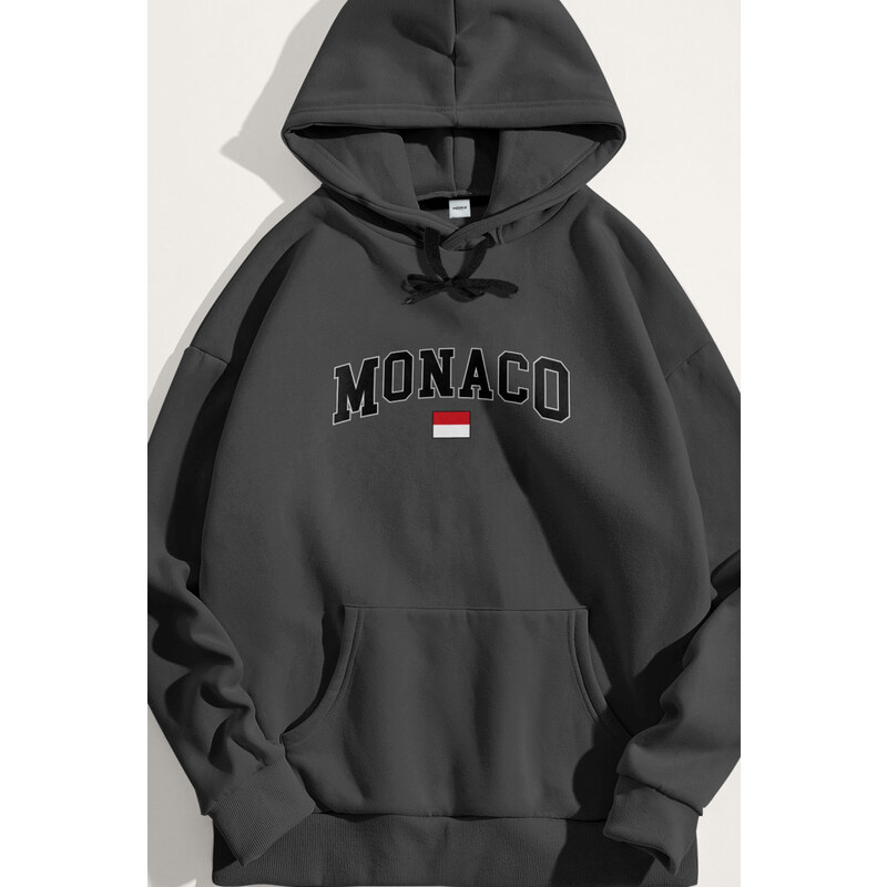 Mikina s Kapucí, Barva Železitě Šedá, s Potiskem Monaco Flag
