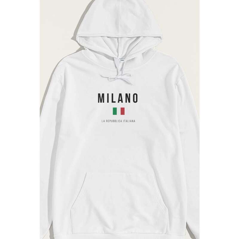 Mikina s Kapucí, Barva Bílá, s Potiskem Milano La Repubblica