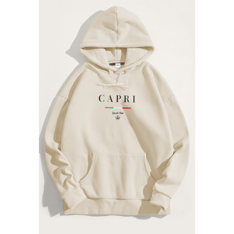 Mikina s Kapucí, Barva Ekru, s Potiskem Capri Yacht Club