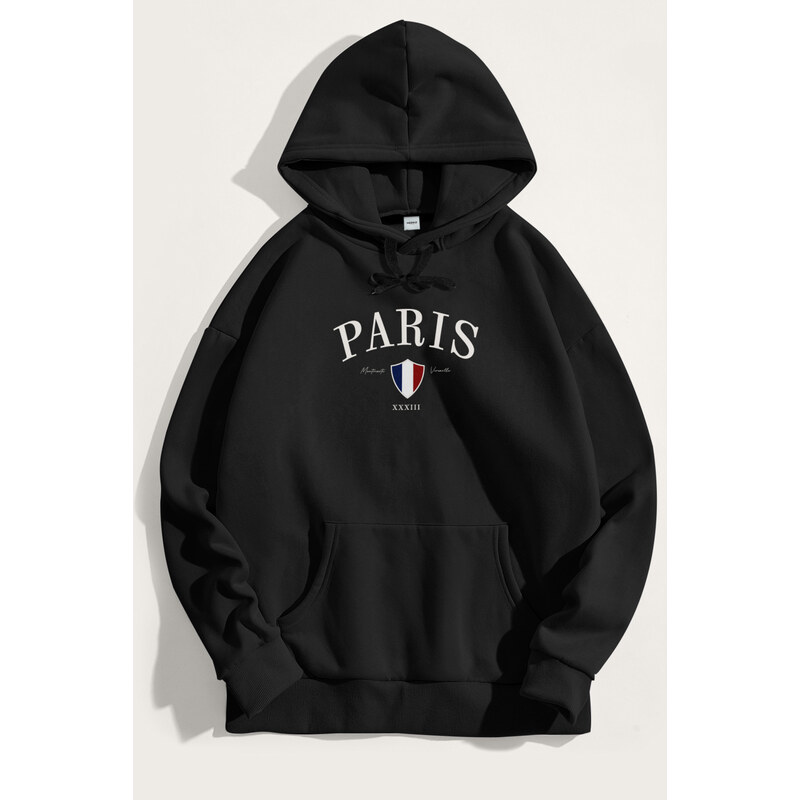 Mikina s Kapucí, Barva Černá, s Potiskem Paris XXXIII
