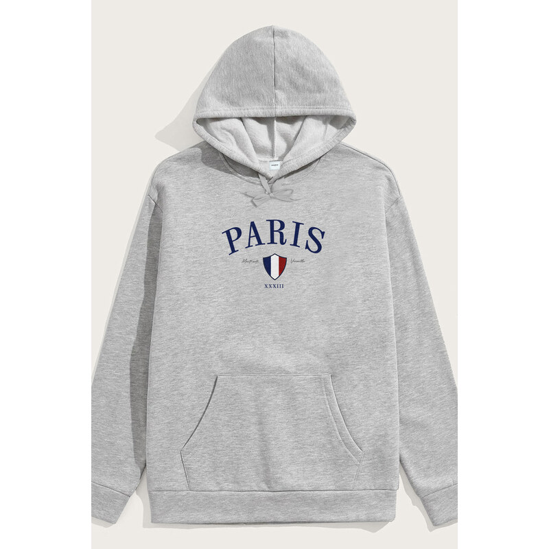 Mikina s Kapucí, Barva Šedá, s Potiskem Paris XXXIII