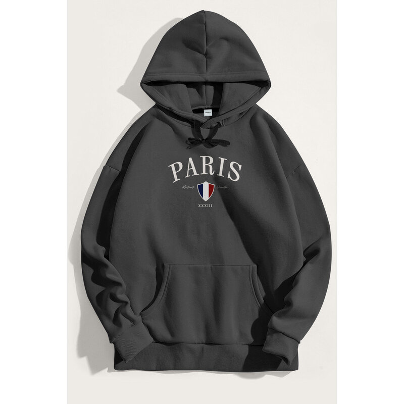 Mikina s Kapucí, Barva Železitě Šedá, s Potiskem Paris XXXIII