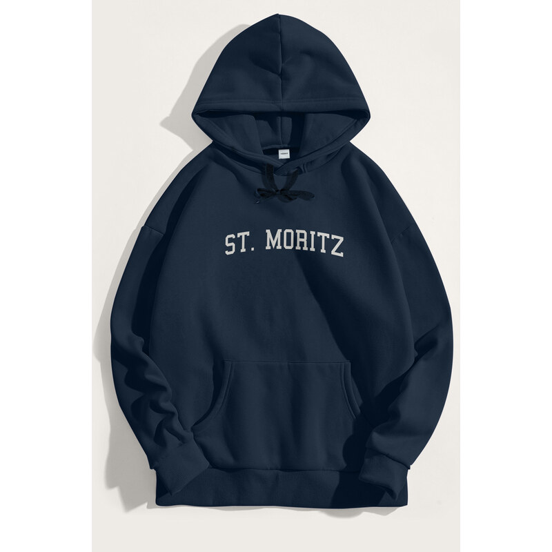Mikina s Kapucí, Barva Modrá, s Potiskem St. Moritz