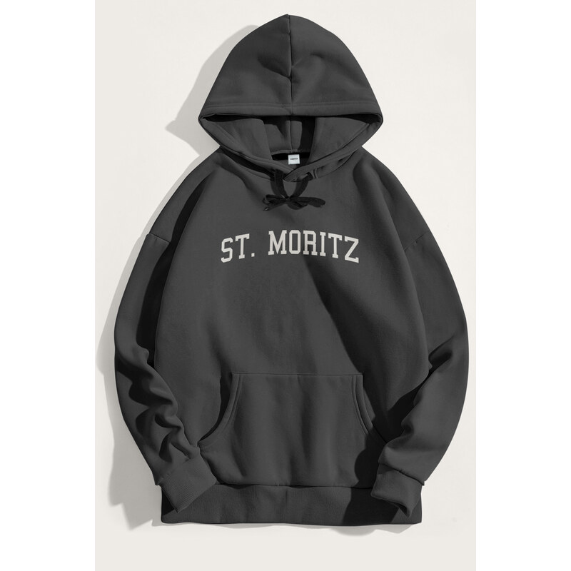 Mikina s Kapucí, Barva Železitě Šedá, s Potiskem St. Moritz