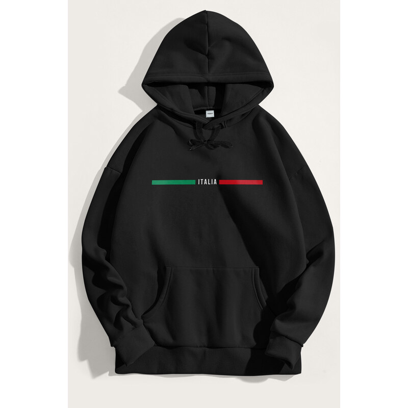 Mikina s Kapucí, Barva Černá, s Potiskem Italia Red Green