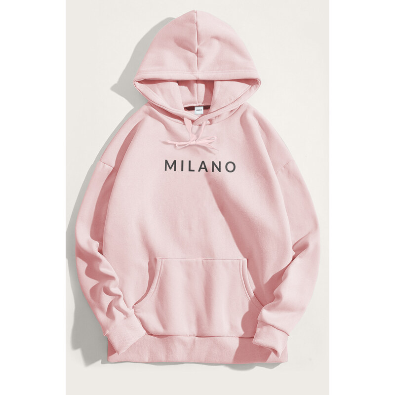 Mikina s Kapucí, Barva Růžová, s Potiskem Milano Grey
