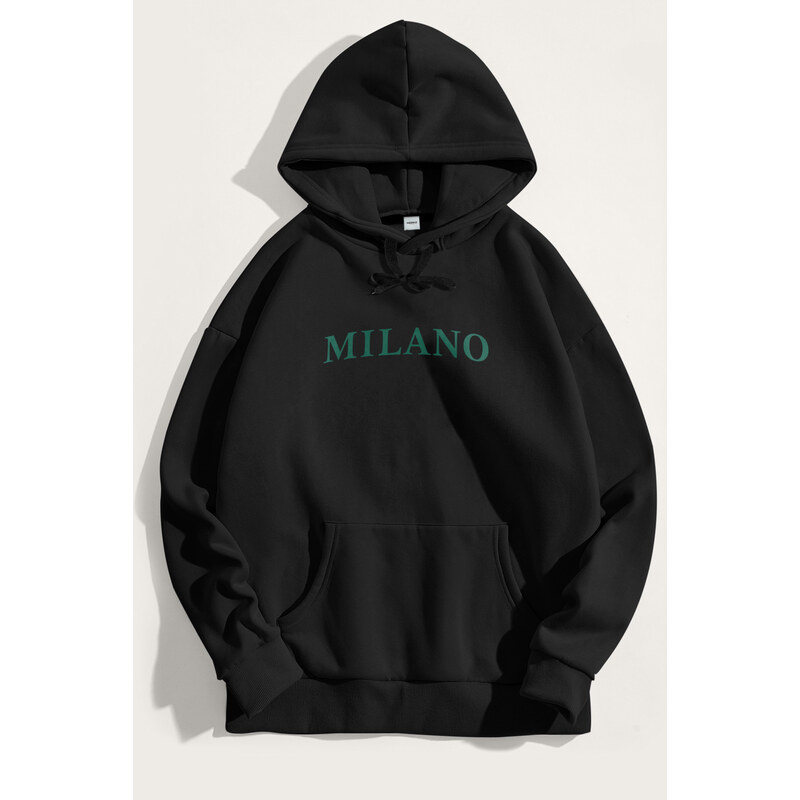 Mikina s Kapucí, Barva Černá, s Potiskem Milano Green