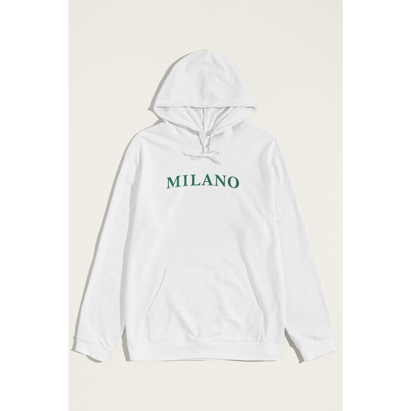 Mikina s Kapucí, Barva Bílá, s Potiskem Milano Green