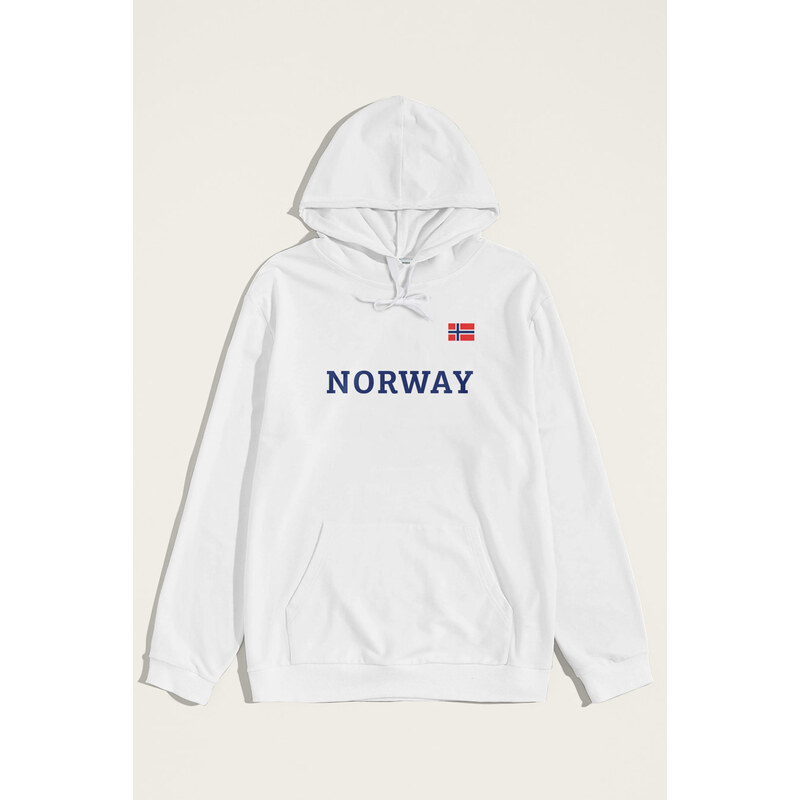 Mikina s Kapucí, Barva Bílá, s Potiskem Norway