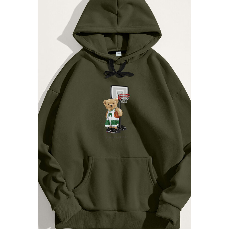 Mikina s Kapucí, Barva Khaki, s Potiskem Mr 34 Teddy