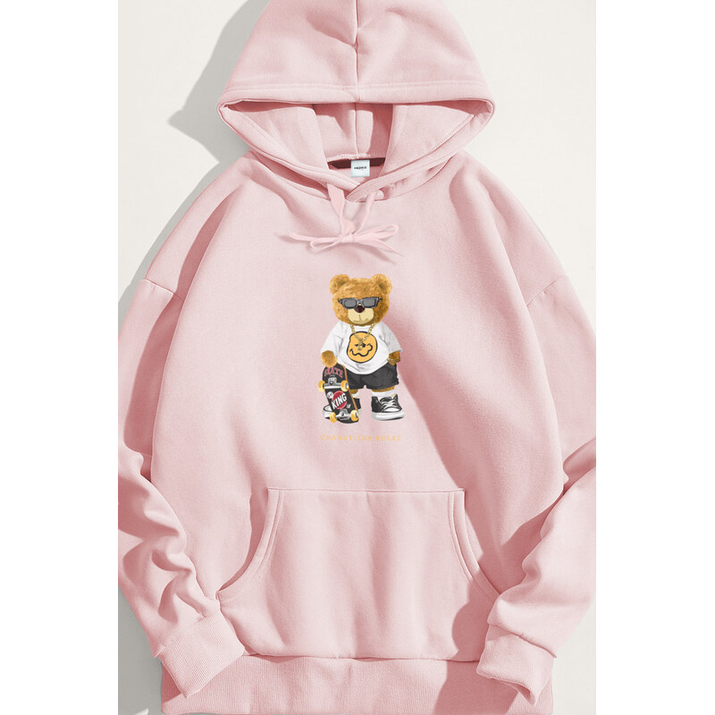 Mikina s Kapucí, Barva Růžová, s Potiskem No Rulez Teddy