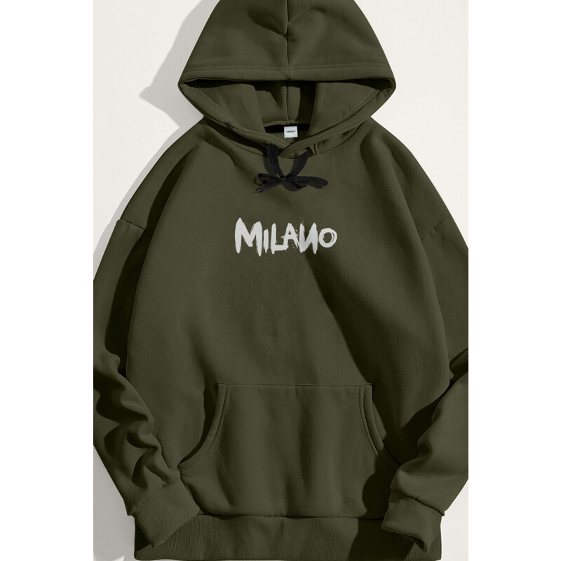 Mikina s Kapucí, Barva Khaki, s Potiskem Milano Graffiti
