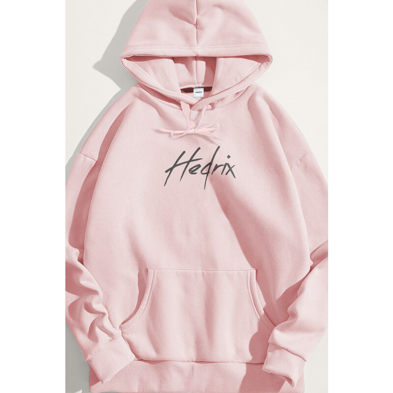 Mikina s Kapucí, Barva Růžová, s Potiskem Hedrix Logo Grey