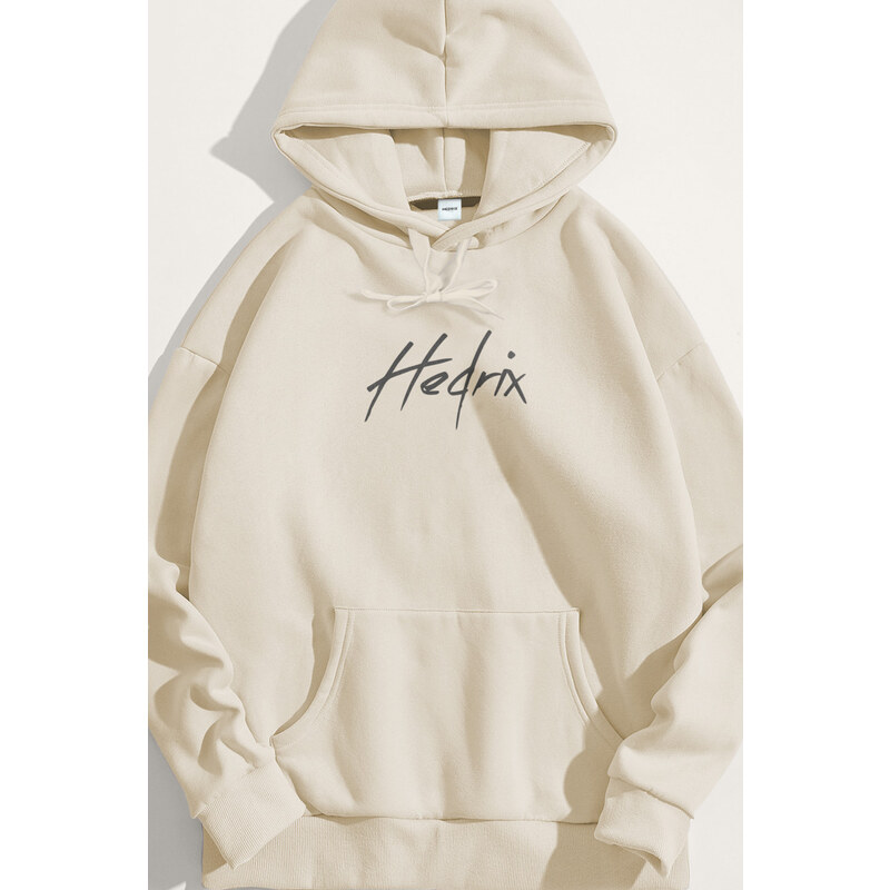 Mikina s Kapucí, Barva Ekru, s Potiskem Hedrix Logo Grey