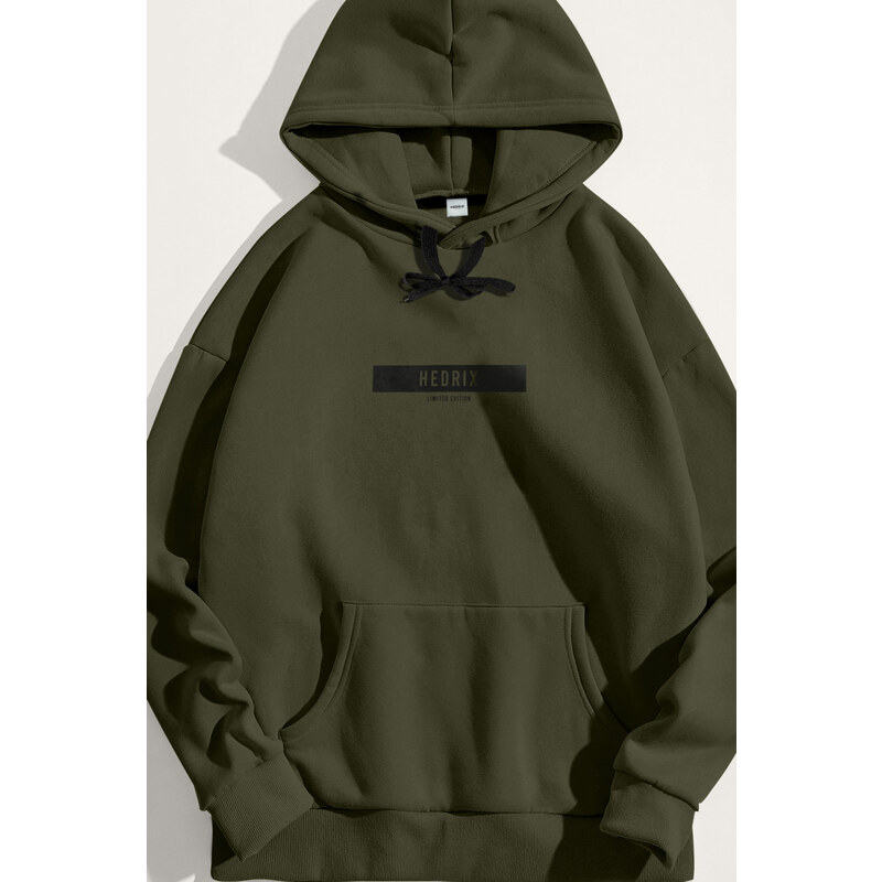Mikina s Kapucí, Barva Khaki, s Potiskem Discreet Hedrix Logo