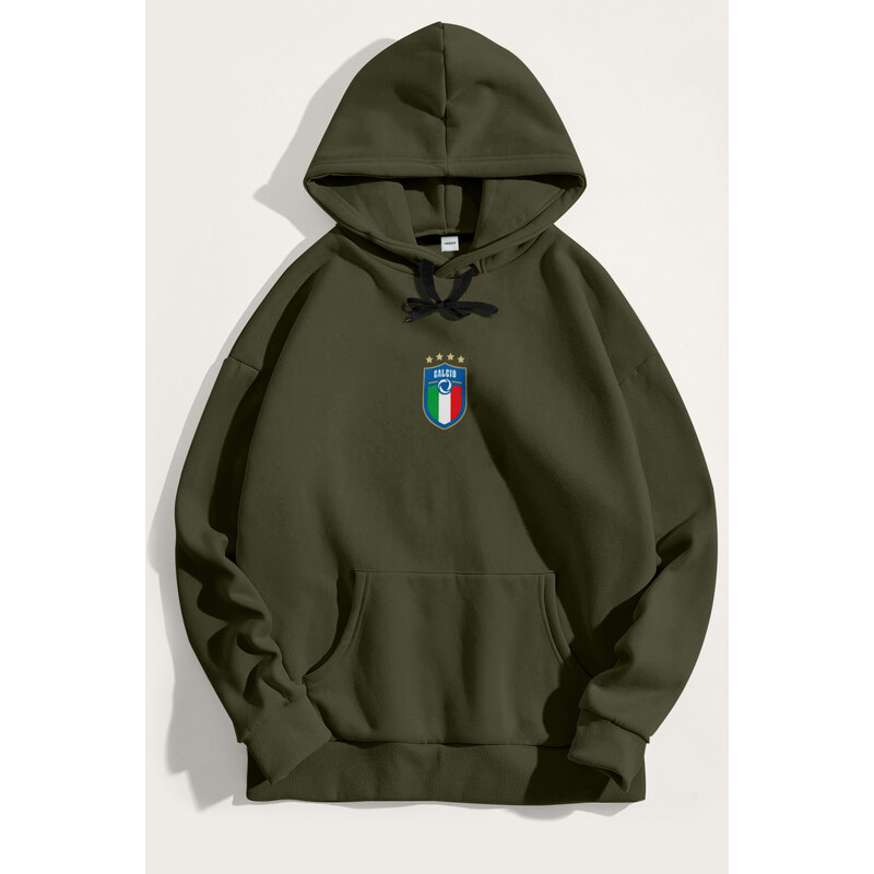 Mikina s Kapucí, Barva Khaki, s Potiskem Calcio