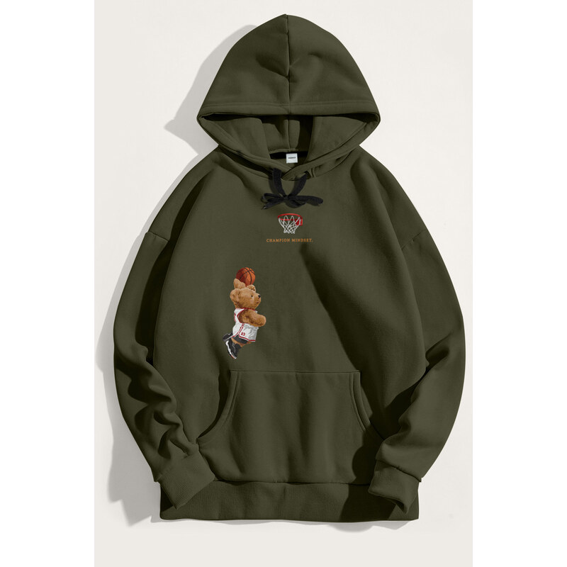 Mikina s Kapucí, Barva Khaki, s Potiskem Champion Mindset Teddy