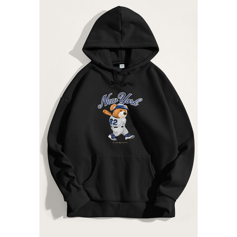 Mikina s Kapucí, Barva Černá, s Potiskem Baseball Teddy