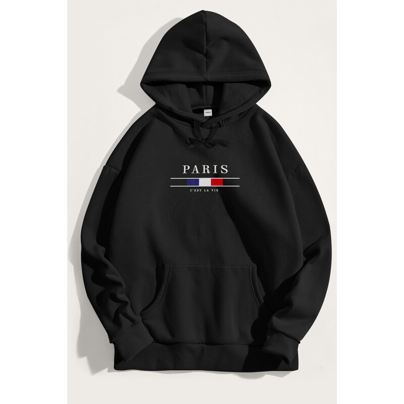 Mikina s Kapucí, Barva Černá, s Potiskem Paris La Vie