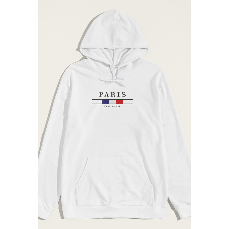 Mikina s Kapucí, Barva Bílá, s Potiskem Paris La Vie