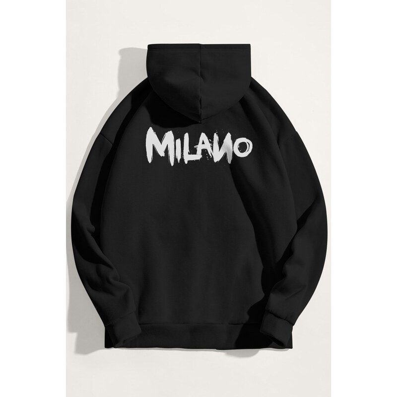 Mikina s Kapucí, Barva Černá, s Potiskem Milano