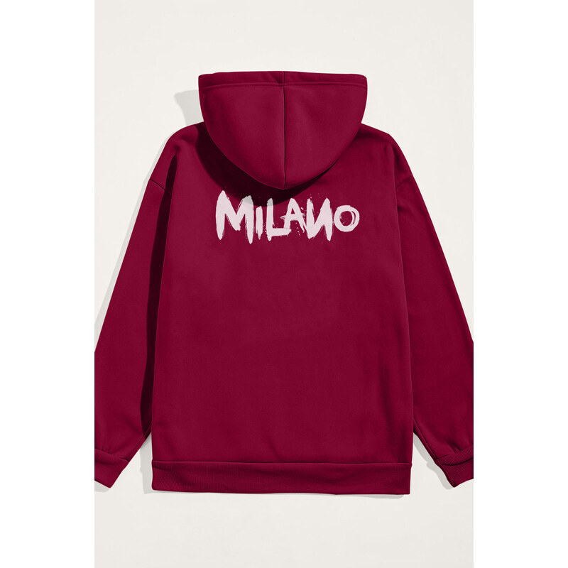 Mikina s Kapucí, Barva Bordó, s Potiskem Milano