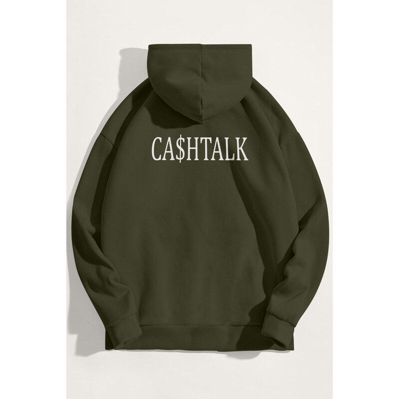 Mikina s Kapucí, Barva Khaki, s Potiskem Cashtalk
