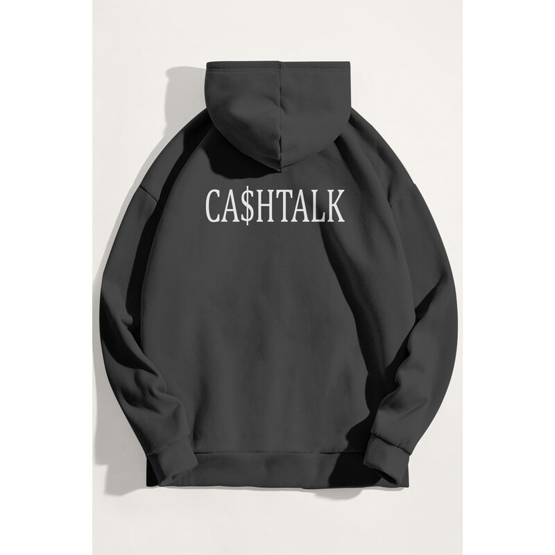 Mikina s Kapucí, Barva Železitě Šedá, s Potiskem Cashtalk