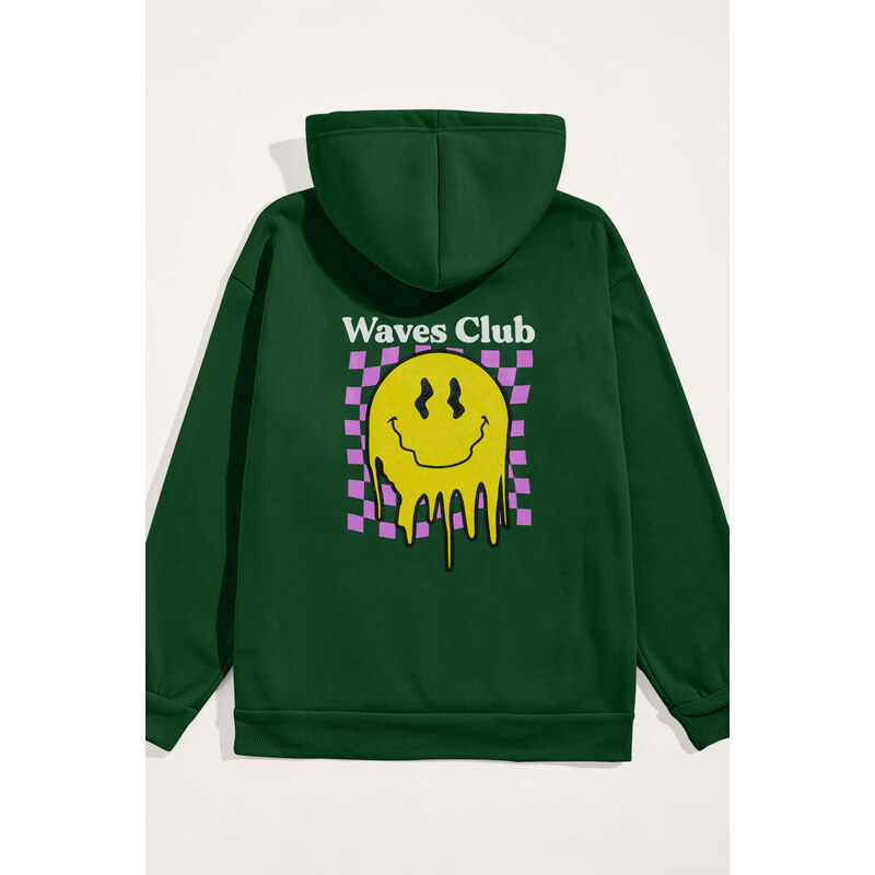 Mikina s Kapucí, Barva Zelená, s Potiskem Waves Club