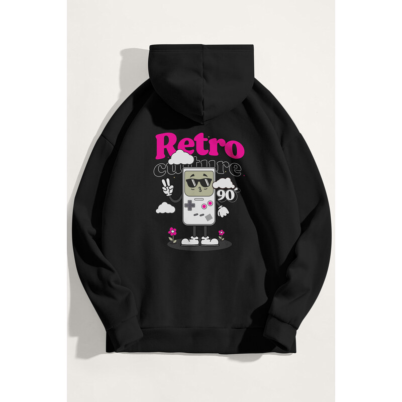 Mikina s Kapucí, Barva Černá, s Potiskem 90s Retro Culture
