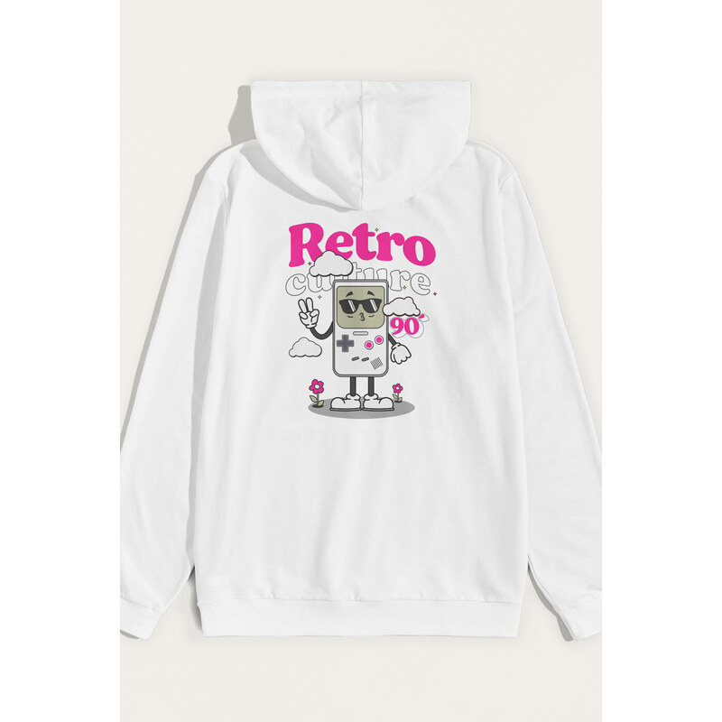 Mikina s Kapucí, Barva Bílá, s Potiskem 90s Retro Culture