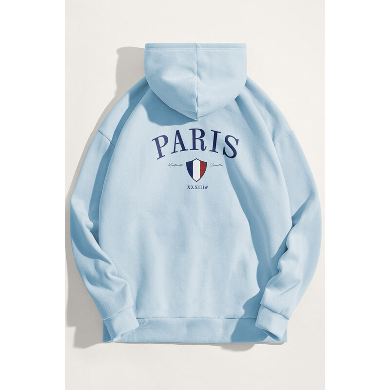 Mikina s Kapucí, Barva Nebesky Modrá , s Potiskem Paris XXXIII