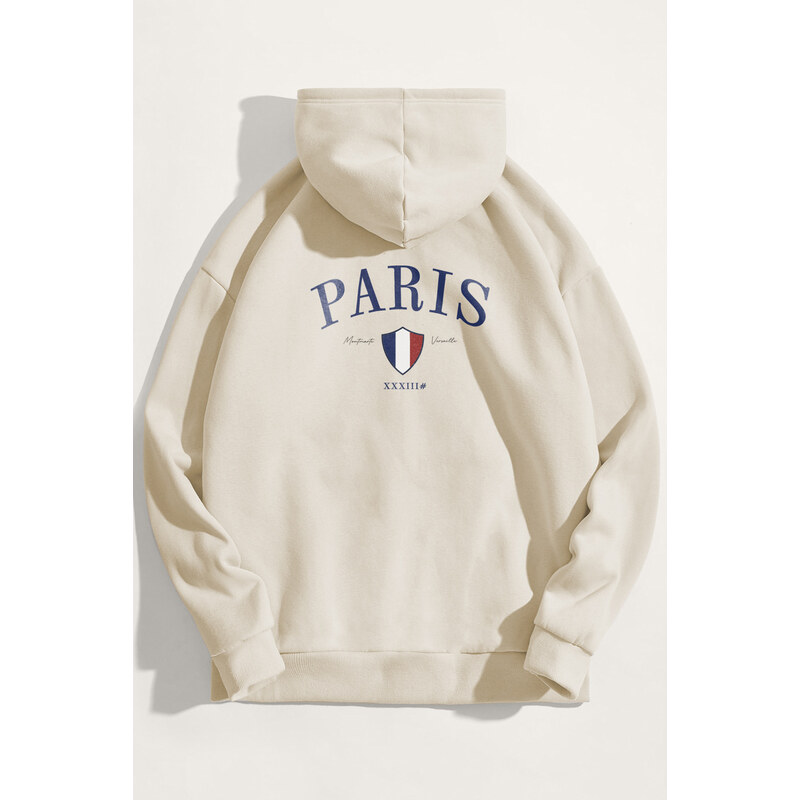 Mikina s Kapucí, Barva Ekru, s Potiskem Paris XXXIII Bold