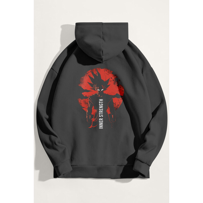 Mikina s Kapucí, Barva Železitě Šedá, s Potiskem Saiyan Inner
