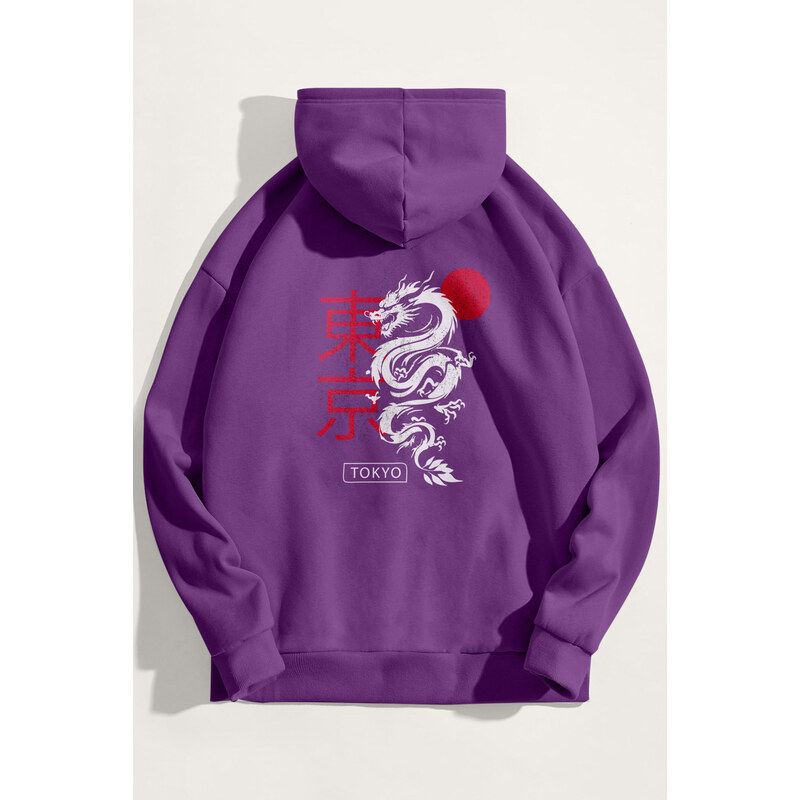 Mikina s Kapucí, Barva Fialová , s Potiskem Tokyo Rising Dragon