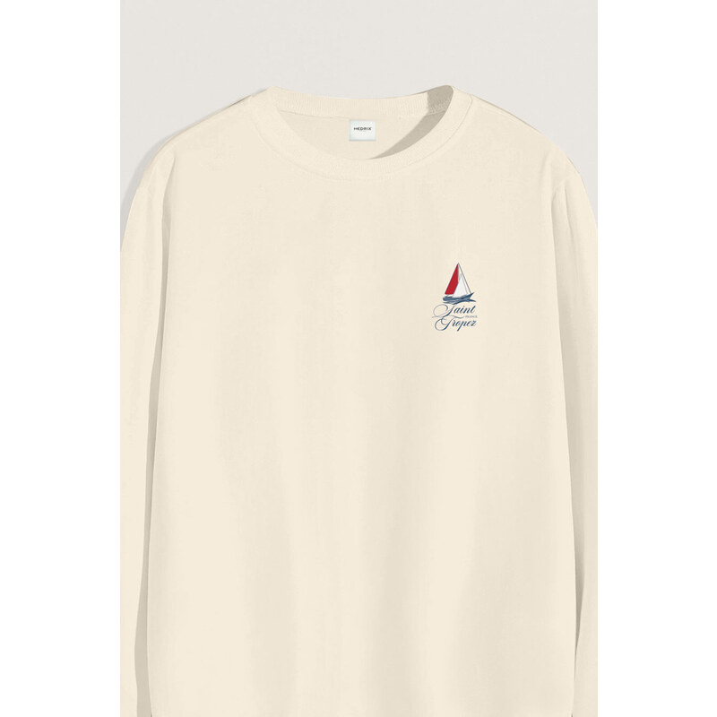 Mikina, Barva Ekru, s Potiskem Minimal Saint Tropez Sailing
