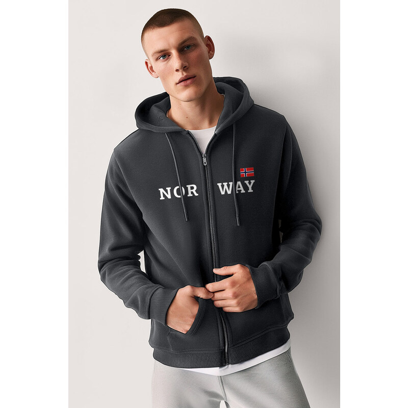 Mikina s Kapucí na Zip, Barva Železitě Šedá, s Potiskem Norway